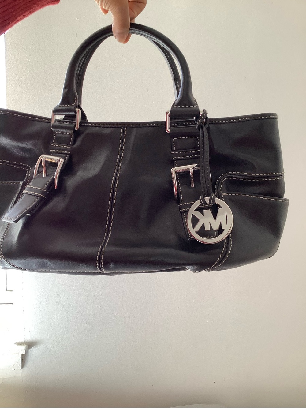 Michael Kors Black Leather Shoulder Satchel with Silver Logo Charm